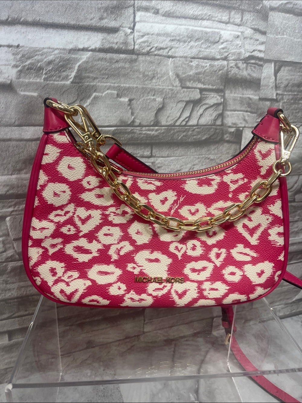Michael Kors Pink and Cream Heart Leopard Print Crossbody & Matching Card Case - Picture 4 of 9